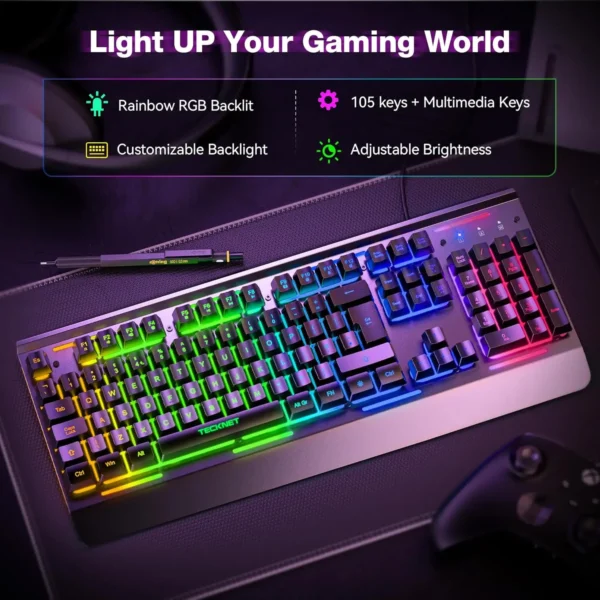 TECKNET RGB Gaming Keyboard: All-Metal Panel with Wrist Rest